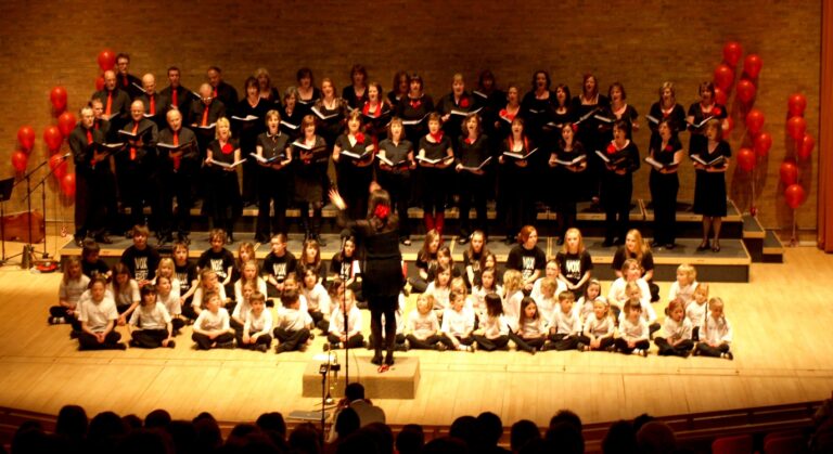 The pre-TyrannoChorus choirs performing for the first time at West Road Concert Hall in Cambridge, 2010. With bigMouth (adults), VoxPop (teens_, TongueTwisters (juniors)